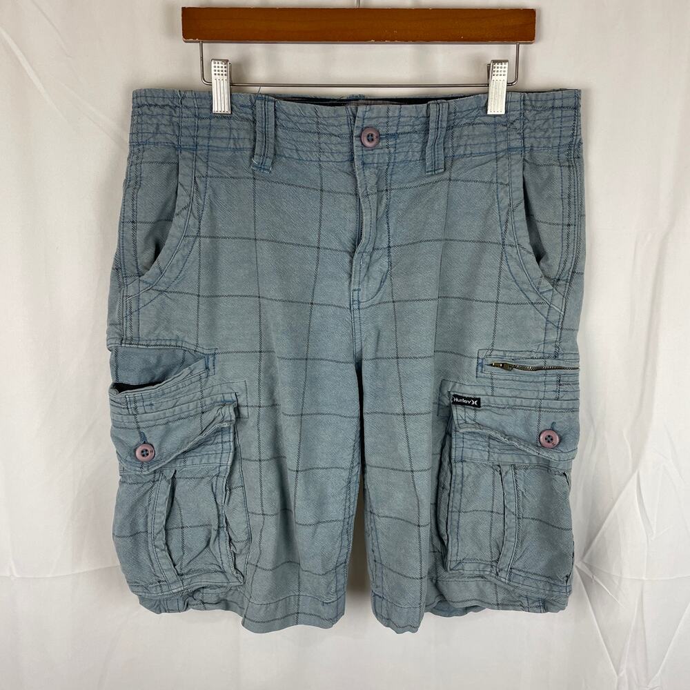 Hurley Y2K Cargo Shorts Blue Windowpane Plaid Fade 11" Inseam Men's Size 31